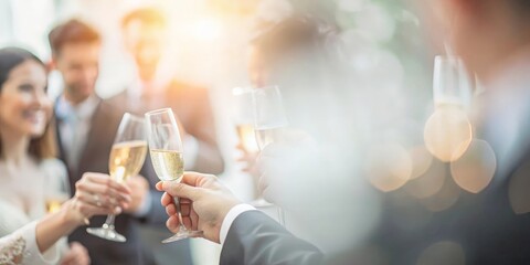 Softly blurred background of an engagement celebration with guests toasting.
