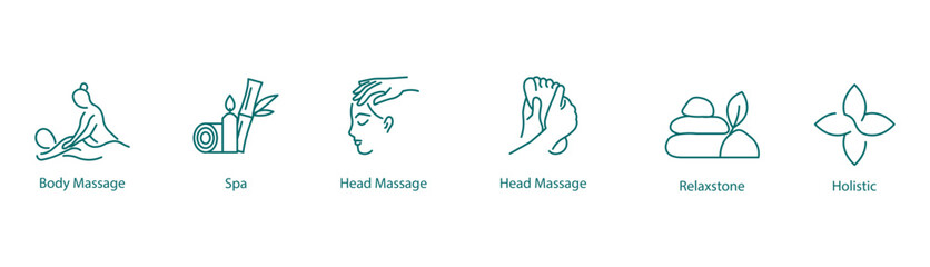 Vector Icons Set: Body Massage, Spa, Head Massage, Foot Massage, Relaxed Zone, Holistic
