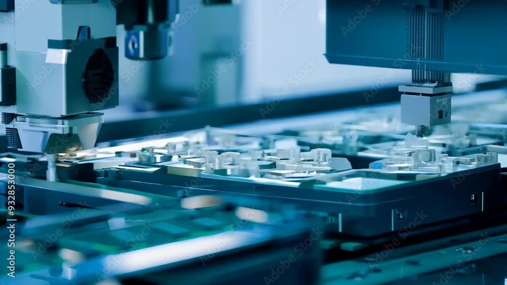Poster high-tech manufacturing process in a factory during automated assembly