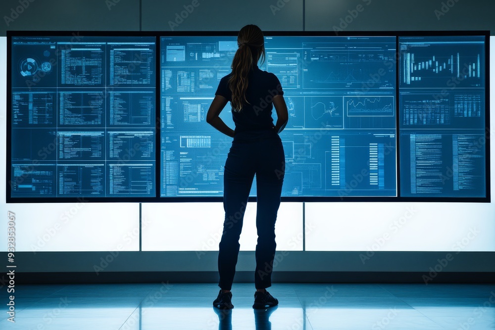 Aufkleber a woman analyzing data on multiple screens in a high tech research facility symbolizing the power of