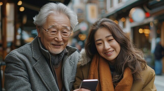 caregiver having coffee with his client,learning her using smartphone outdoor at cafe