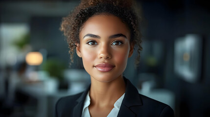 Fototapeta premium Confident businesswoman with curly hair looking directly at the camera in an office.