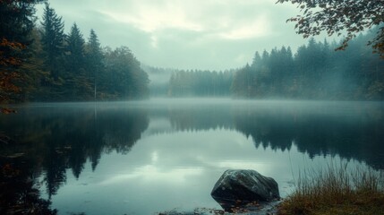 Misty lake with forest reflection and single rock in the foreground. Serene and calm landscape photo. © musa