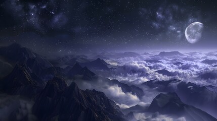 mountain. backgrounds night sky with stars and moon and clouds.