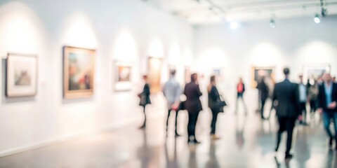 Blurred background of an art exhibition opening with guests and artworks.
