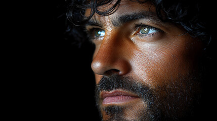 Obraz premium A man gazes thoughtfully, highlighting his deep green eyes and textured skin under soft lighting
