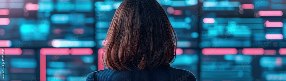 Poster a woman observes digital data on a vibrant screen, symbolizing the connection between technology and