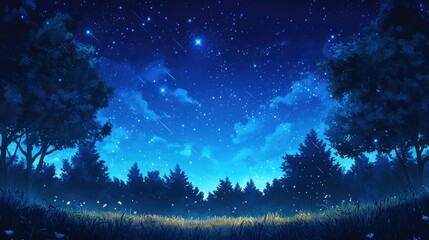 Naklejka premium Blue starry night sky over a quiet forest, peaceful and enchanting, celestial beauty