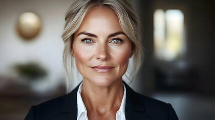 Fototapeta premium Confident middle aged woman with blonde hair looking directly at the camera with a relaxed smile.