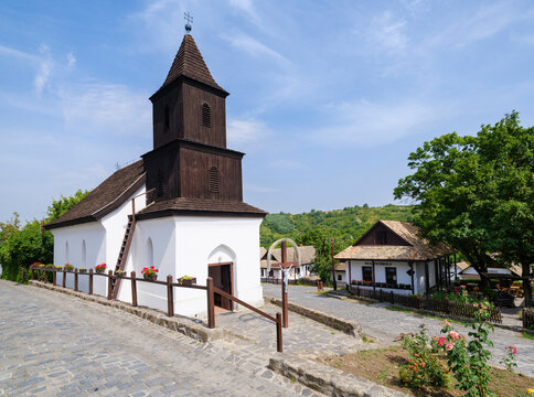 The church. The Paloc village Holloko in Hungary, listed as UNESCO World Heritage Site. The traditional farm houses form a complete village as it looked during the middle ages.