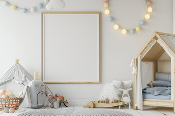 A whimsical colorful house furniture wall interior blank photo frame in a child toy elements, 3d render