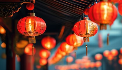 Vibrant red Chinese lanterns illuminating the night, creating a festive atmosphere with blurred traditional architecture in background.
