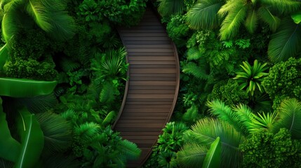 Fototapeta premium Serene wooden pathway through lush green foliage, inviting tranquility and adventure in a vibrant jungle setting.