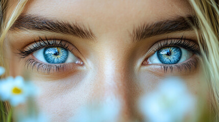 Fototapeta premium The young woman gazes directly at the viewer, her striking blue eyes captivating, framed by soft strands of hair with white flowers nearby