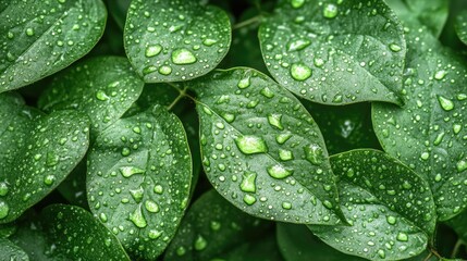 Fototapeta premium Close-up of fresh green leaves with water droplets, natural texture, and calming background