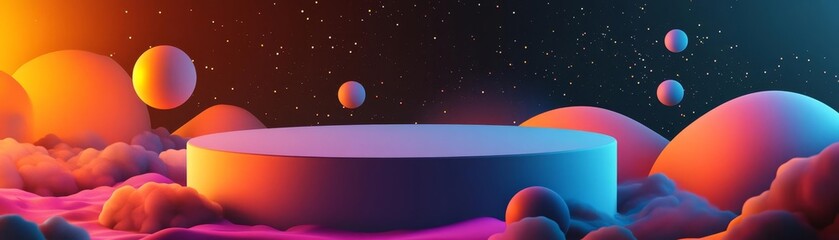 Fototapeta premium Abstract podium, dynamic geometric shapes, vibrant gradients, 3D illustration, electrifying neon colors