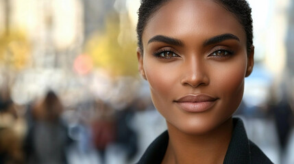 Obraz premium A confident woman with striking features stands in a bustling downtown area, smiling warmly as people move around her