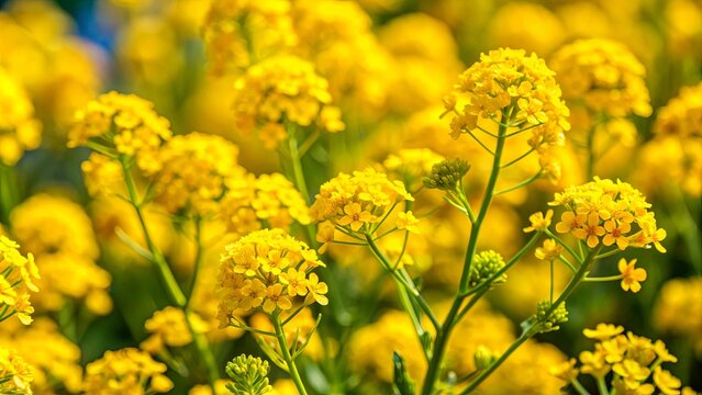 Closeup of Isatis tinctoria yellow flowers for dyeing, Isatis tinctoria, woad, dyer's woad