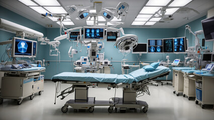 This is a hospital operating room with a surgical table, lights, and medical equipment.

