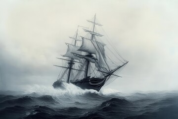 Obraz premium An elaborate engraving of an 18th-century sailing ship battling rough seas, with waves crashing against the hull