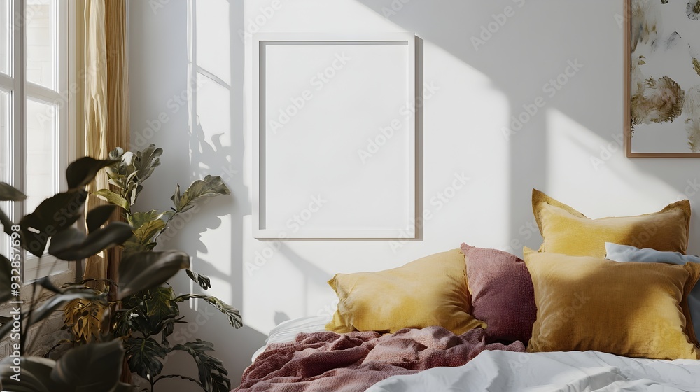 Poster a 3d rendered minimalist mockup of a floating white frame displayed in a bright airy scandinavian in