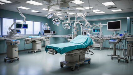 This is a hospital operating room with a surgical table, lights, and medical equipment.

