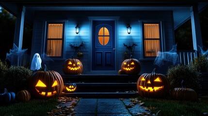 Obraz premium Spooky Halloween night scene featuring carved pumpkins and a ghost decoration 