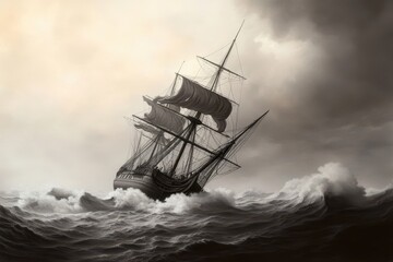 Obraz premium An elaborate engraving of an 18th-century sailing ship battling rough seas, with waves crashing against the hull