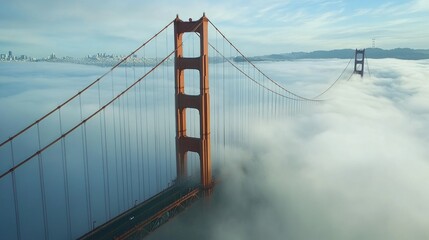 Fototapeta premium Golden gate bridge engulfed in fog, iconic landmark with mysterious atmosphere