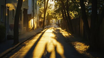 Obraz premium Golden hour light casting long shadows on a quiet street, tranquil and peaceful urban scene
