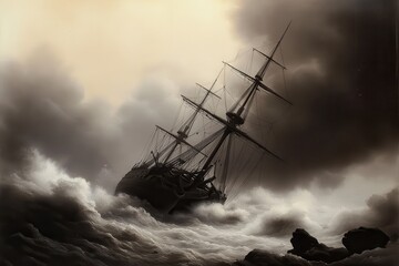 Obraz premium An elaborate engraving of an 18th-century sailing ship battling rough seas, with waves crashing against the hull