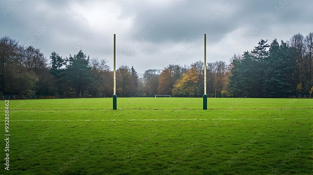 Poster panoramic view of a verdant rugby field with towering goal posts setting the stage for an intense an