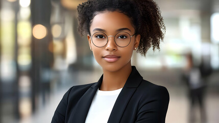 Obraz premium Confident young woman in a black blazer and round glasses looking at camera.