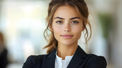 Fototapeta premium Confident young woman in a blazer looking directly at the camera with a friendly smile.