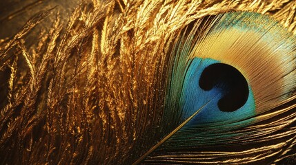Golden peacock feather with intricate details, luxurious and exotic, natural elegance