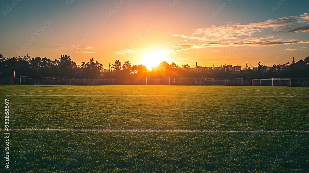 Poster a wide soccer field with goalposts and a glowing vibrant sunset in the background creating a serene 