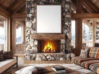 A 3D rendered mockup of a cozy mountain cabin great room interior with a white background frame,rustic stone fireplace,plaid textiles,and wooden beams.