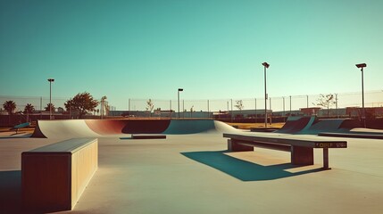 Fototapeta premium Vibrant Skatepark with Ramps Rails and Half Pipe Providing Ideal Backdrop for Skateboarding Enthusiasts to Showcase their Skills and Daring Tricks Under a Bright Clear Sky