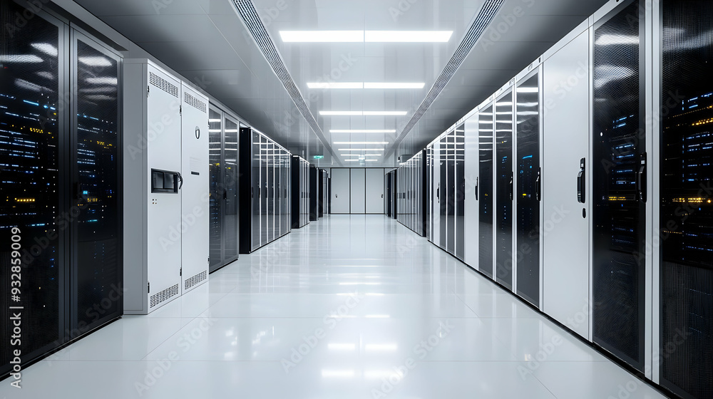 Poster empty corridor with rows of black server racks in a modern data center.
