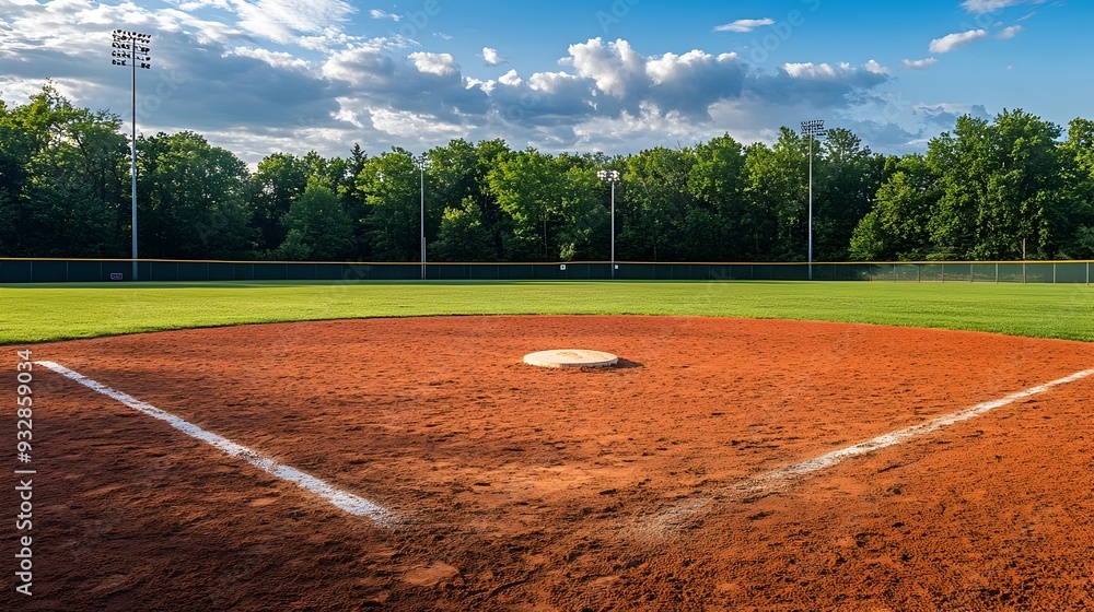 Poster perfectly groomed softball field with bases pitching mound and well maintained infield ready for an 