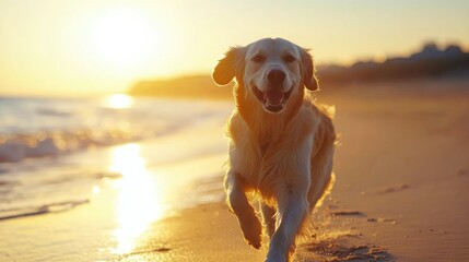 Golden retriever running along a beach at sunset, joyful and carefree dog, warm evening light
