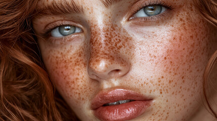 Fototapeta premium A young woman with freckled skin and vivid blue eyes gazes directly, highlighting her natural beauty and unique features