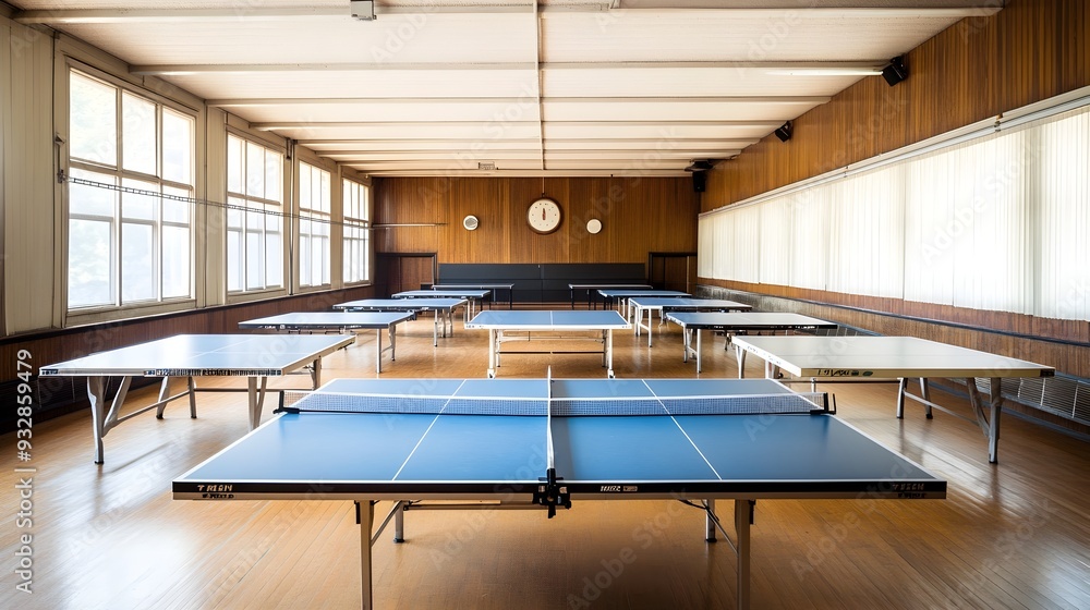 Poster a lively and vibrant table tennis hall with multiple tables set up nets in place and paddles ready f