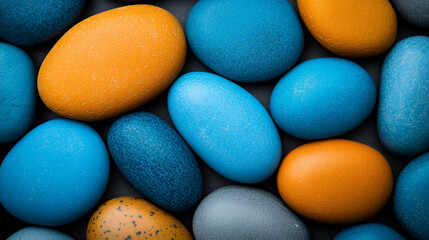 Colorful stones in various shapes and sizes are arranged artistically, showcasing vibrant blues and oranges against a contrasting dark backdrop