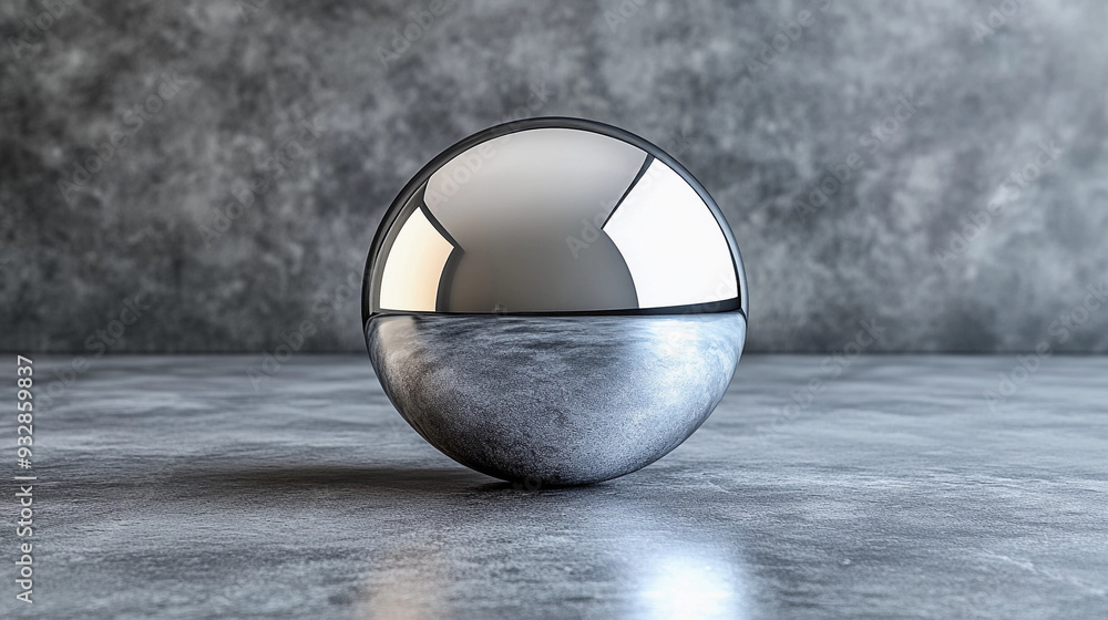 Poster a reflective metallic sphere is placed on a smooth gray surface, capturing light and shadows in a br