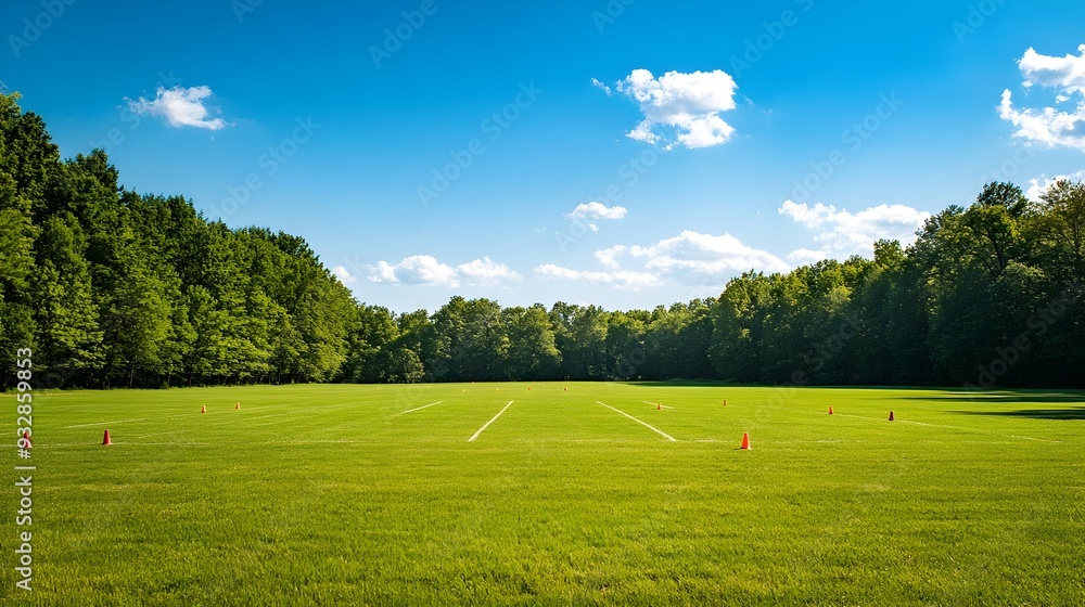 Poster a large open green field with cones marking the boundaries for an ultimate game the field is ready f