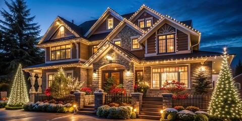 Obraz premium House in Vancouver beautifully decorated and lit up with Christmas lights at night , Vancouver, Canada, Christmas, December 26