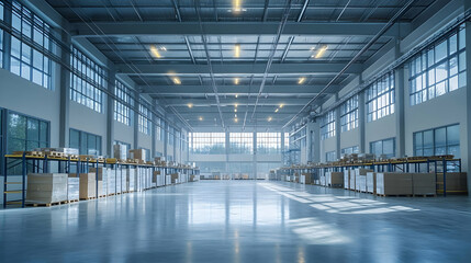 Obraz premium Empty warehouse interior with large windows and rows of empty shelves.