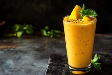 An intimate view of a tall glass filled with rich, creamy mango lassi, adorned with a slice of fresh mango and mint leaves, Generated AI
