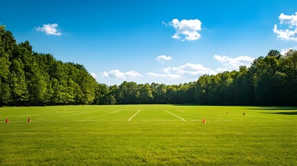 A large open green field with cones marking the boundaries for an ultimate game  The field is ready for a team sport recreational activity or tournament competition